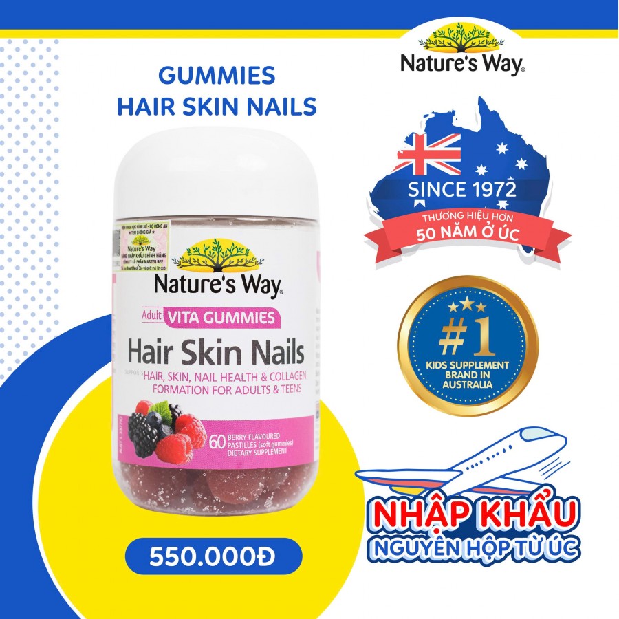 Nature’s Way Adult Vita Gummies Hair Skin Nails – Bổ sung Vitamin C, E, Biotin và kẽm hỗ trợ da, tóc móng khỏe mạnh
