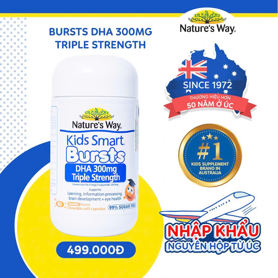 Nature's Way Kids Smart Bursts DHA 300mg Triple Strength - Bổ sung DHA, hỗ trợ tốt cho não bộ và mắt.