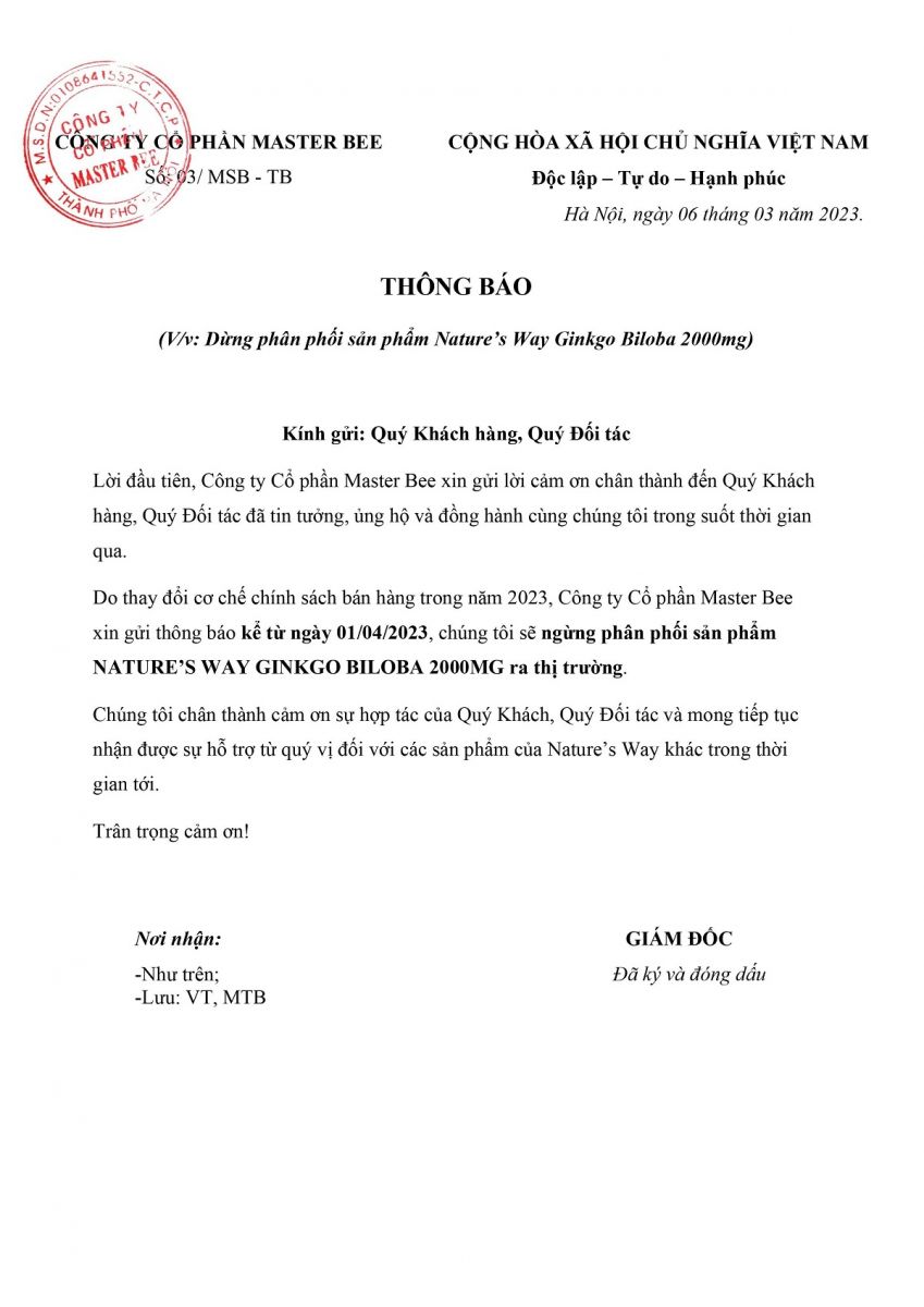 Thông báo: Dừng phân phối sản phẩm Nature's Way Ginkgo Biloba 2000mg