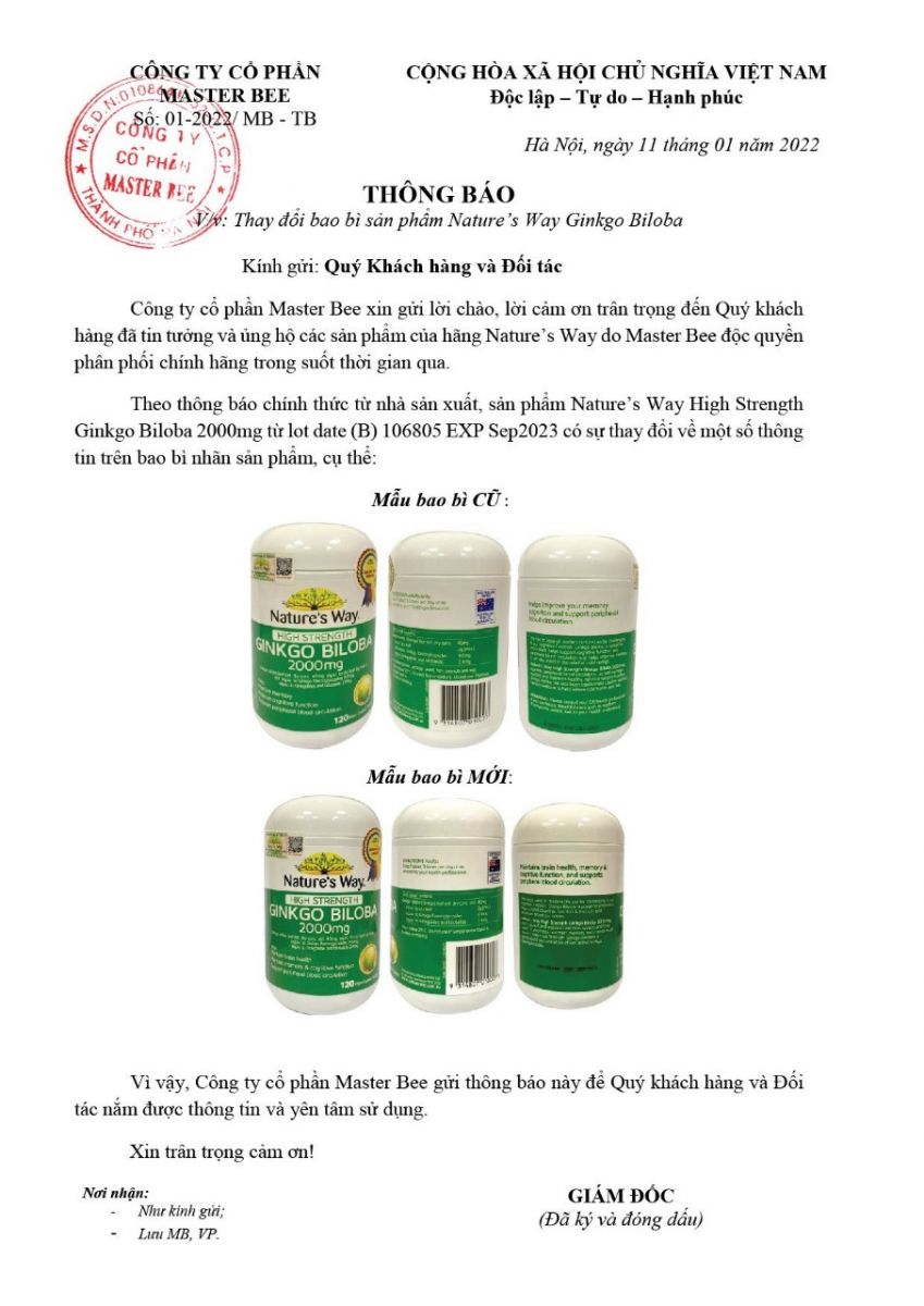 Thông báo: Thay đổi bao bì sản phẩm Nature’s Way Ginkgo Biloba 2000mg