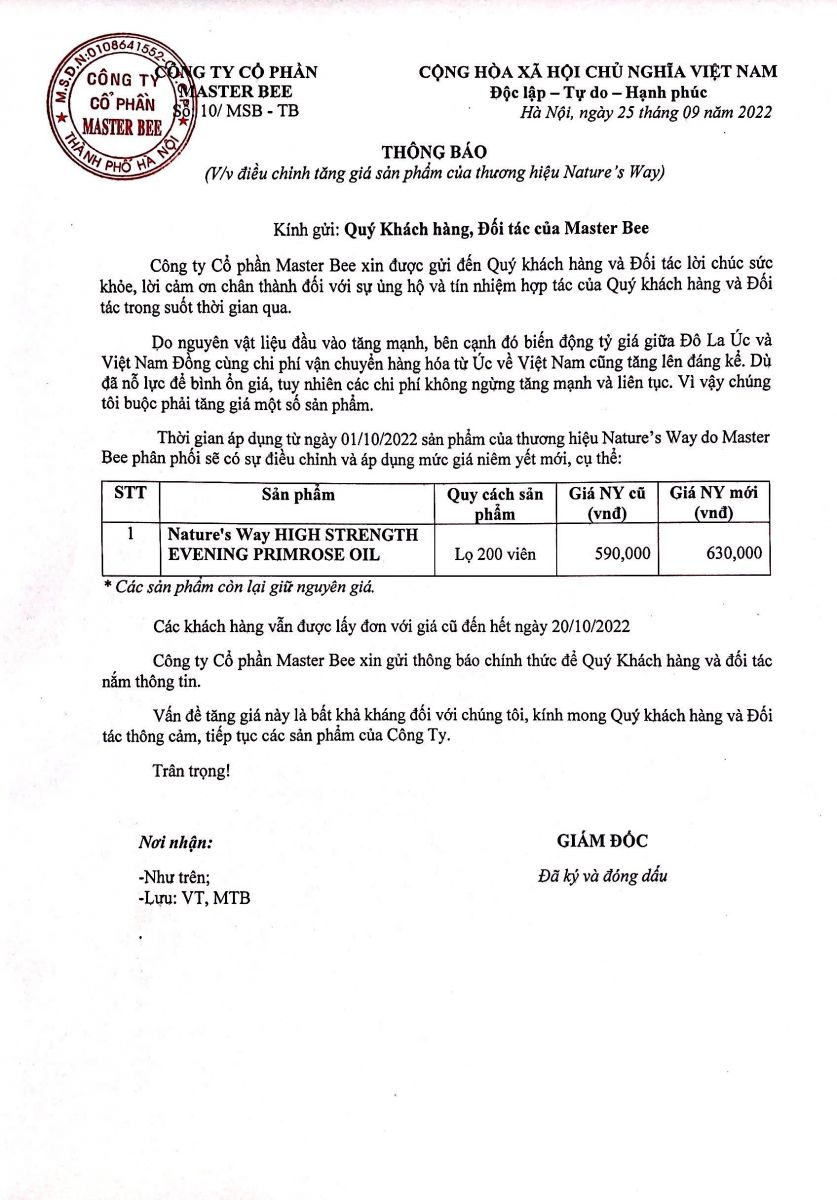 Thông báo: Điều chỉnh giá sản phẩm Nature’s Way High Strength Evening Primrose Oil